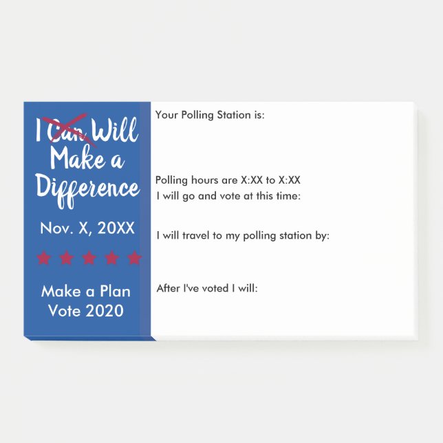 I Will Make a Difference in Person Ballot Reminder Post-it Notes (Front)