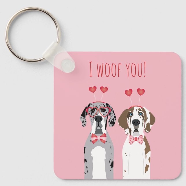 I Woof You Great Dane Dogs Pink Red Key Ring (Front)