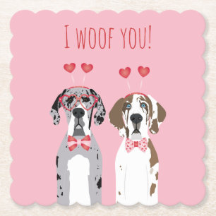 I Woof You Great Dane Dogs Pink Red Paper Coaster