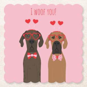 I Woof You Valentines Day Great Dane Dogs Paper Coaster