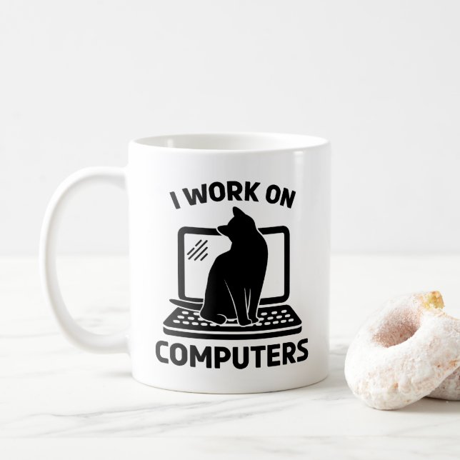 I Work On Computers Funny Cat Lover Coffee Mug (With Donut)