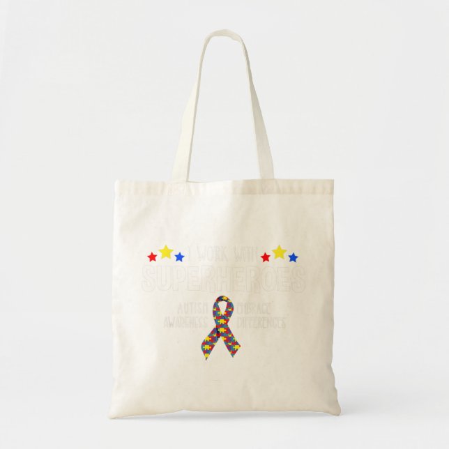 I Work With Superheroes -- Autism Awareness -- Emb Tote Bag (Front)