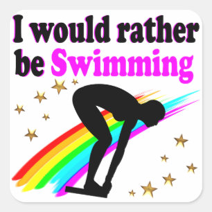 I WOULD RATHER BE SWIMMING PINK RAINBOW DESIGN SQUARE STICKER
