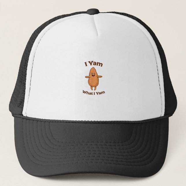 I Yam What I Yam Dancing Sweet Potato Thanksgiving Trucker Hat (Front)