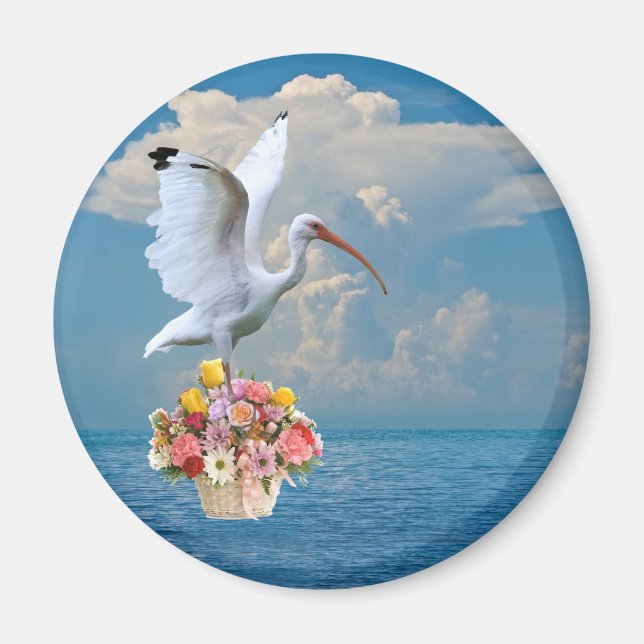 Ibis and Flowers Round Magnet (Front)