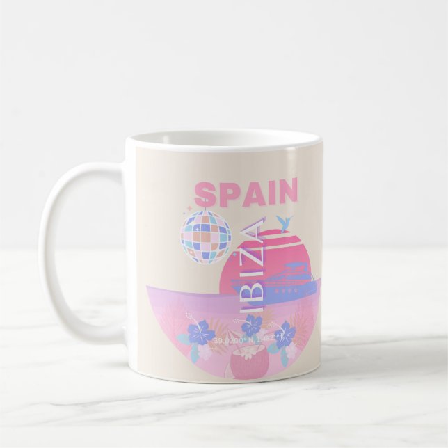 Ibiza, Spain, Travel Art, Preppy Art, Pink Coffee Mug (Left)