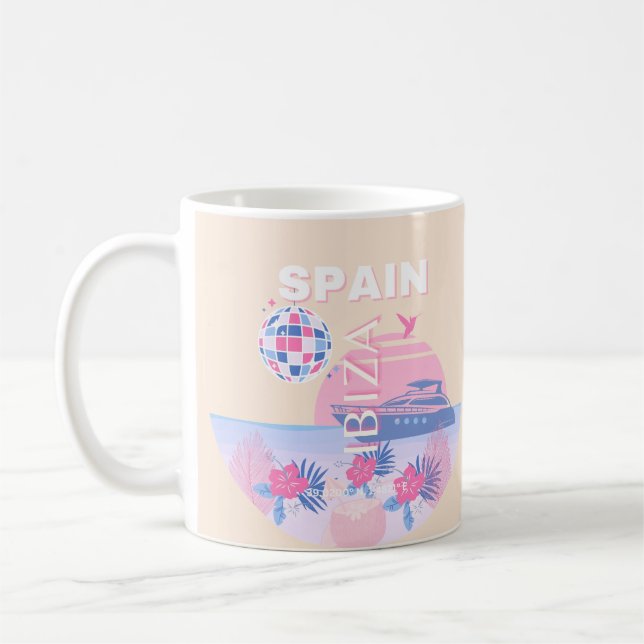Ibiza, Spain, Travel Art, Preppy Art, Pink, Pastel Coffee Mug (Left)