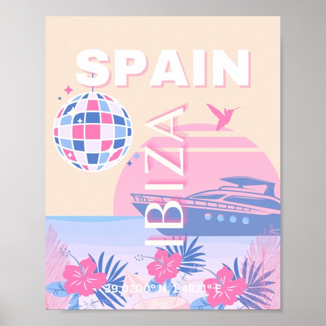 Ibiza, Spain, Travel Art, Preppy Art, Pink, Pastel Poster (Front)