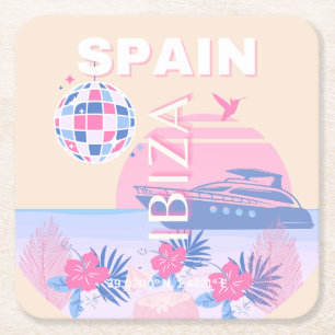 Ibiza, Spain, Travel Art, Preppy Art, Pink, Pastel Square Paper Coaster