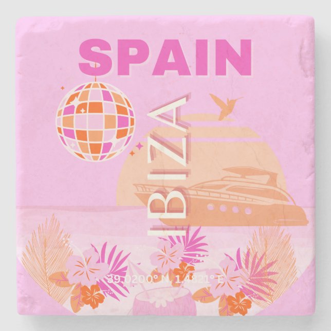 Ibiza, Spain, Travel Art, Preppy Art, Pink, Preppy Stone Coaster (Front)