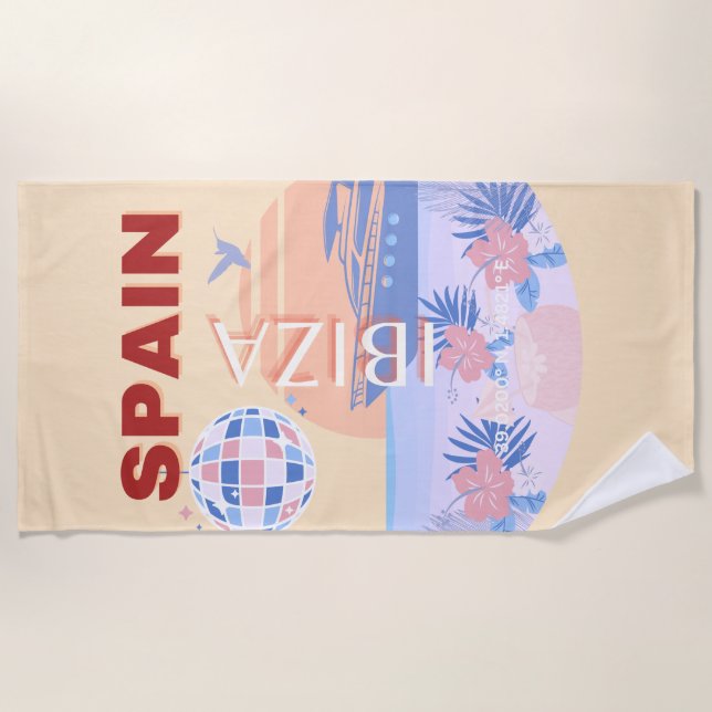 Ibiza, Spain, Travel Art, Retro Art, Pastel Beach Towel (Front)