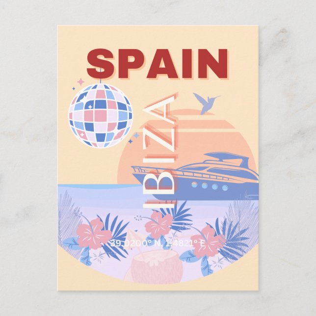 Ibiza, Spain, Travel Art, Retro Art, Pastel Holiday Postcard (Front)