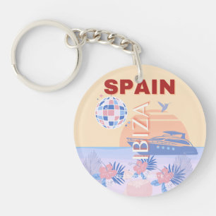 Ibiza, Spain, Travel Art, Retro Art, Pastel Key Ring