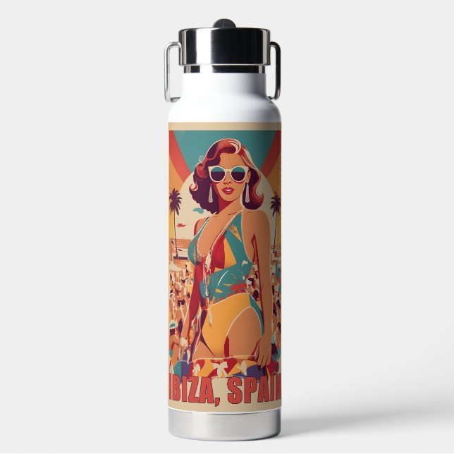 Ibiza, Spain Travel Poster Water Bottle (Front)