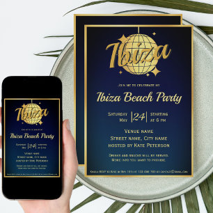 Ibiza themed eivissa gold disco ball party  invitation