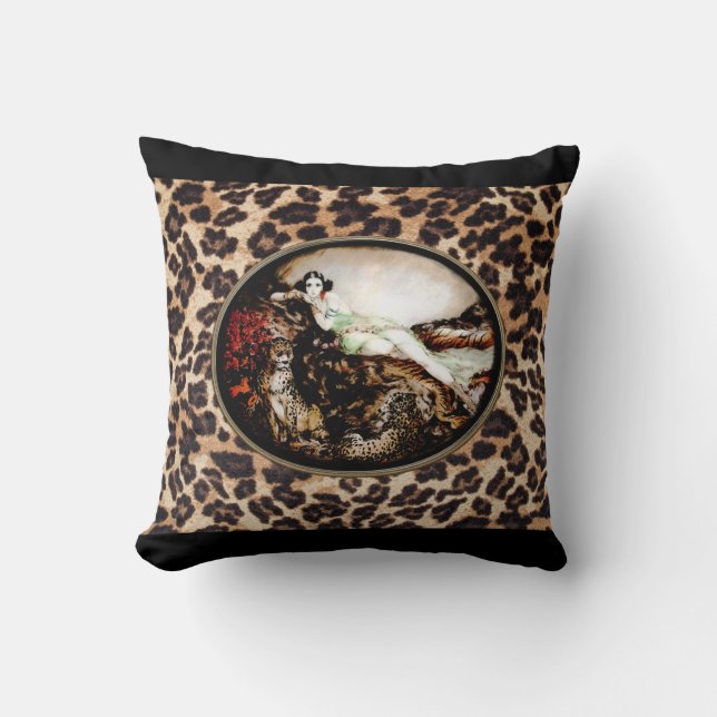 Icart Leopard Lady on Leopard Print Pillow (Front)