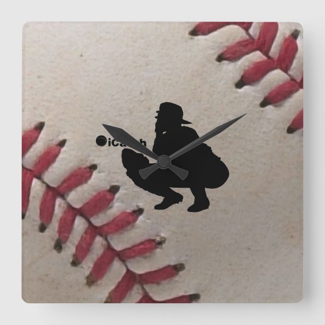 iCatch Player Silhouette On Baseball Background Square Wall Clock (Front)