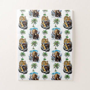 Ice Age Mammoth Sabertooth Tiger Pattern Design Jigsaw Puzzle