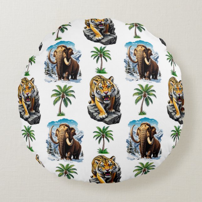 Ice Age Mammoth Sabertooth Tiger Pattern Design  Round Cushion (Front)