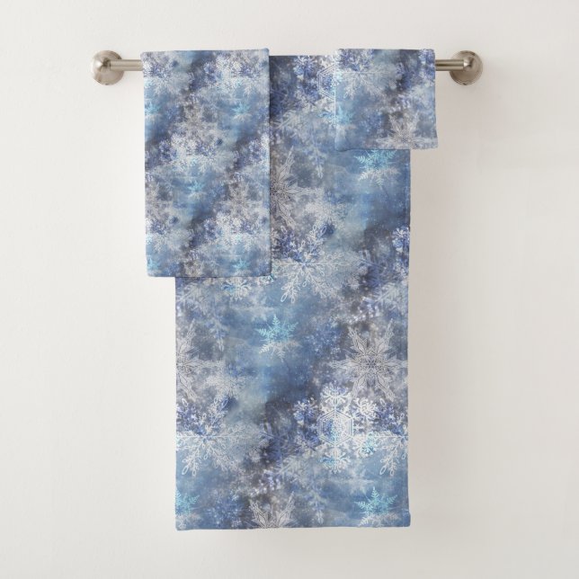 Ice and Snow Textured Blue Christmas Pattern Bath Towel Set (Insitu)