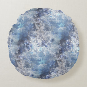 Ice and Snow Textured Blue Christmas Pattern Round Cushion