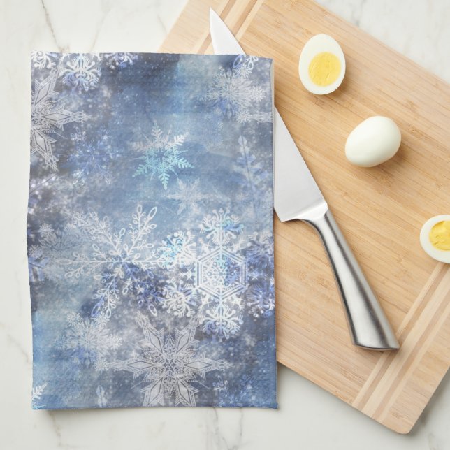 Ice and Snow Textured Blue Christmas Pattern Tea Towel (Quarter Fold)