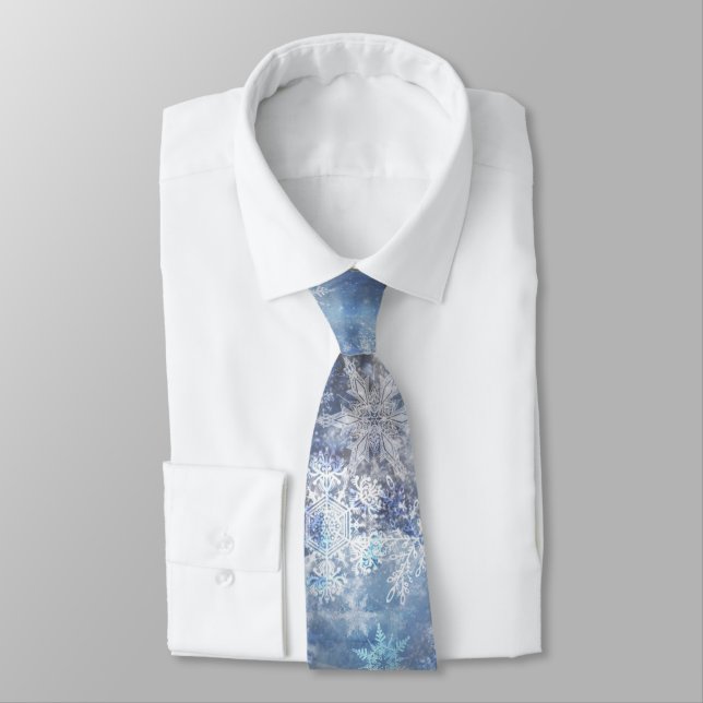Ice and Snow Textured Blue Christmas Pattern Tie (Tied)