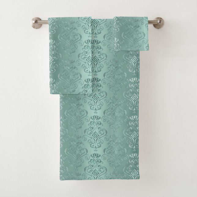 Ice Aqua Vintage Damask Print Bath Towel Set (Insitu)