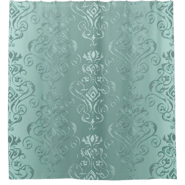 Ice Aqua Vintage Damask Print Shower Curtain (Front)