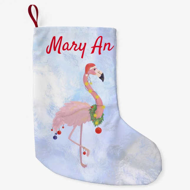 Ice Background And Christmas Flamingo Small Christmas Stocking (Front)