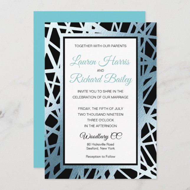 Ice Blue and Black foil Wedding Invitation (Front/Back)