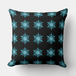 Ice Blue and Black Snowflake Pattern Throw Pillow