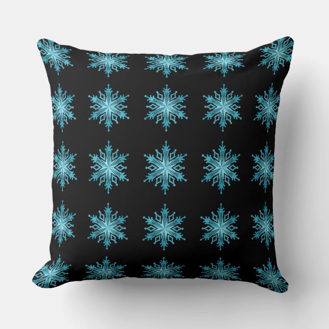 Ice Blue and Black Snowflake Pattern Throw Pillow (Front)