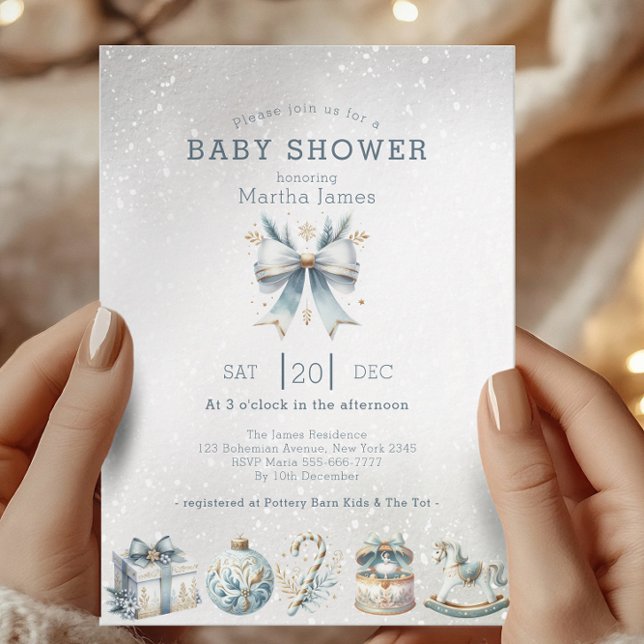 Ice blue and gold Christmas Coquette baby shower Invitation (Creator Uploaded)