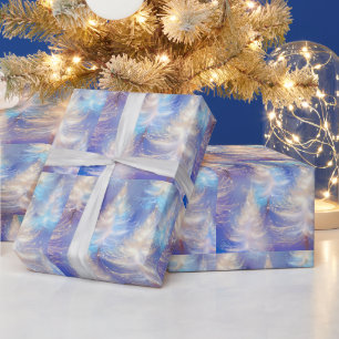 Ice Blue and Gold Trees Modern Christmas Wrapping Paper