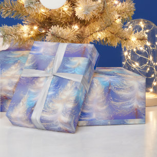 Ice Blue and Gold Trees Modern Christmas Wrapping Paper