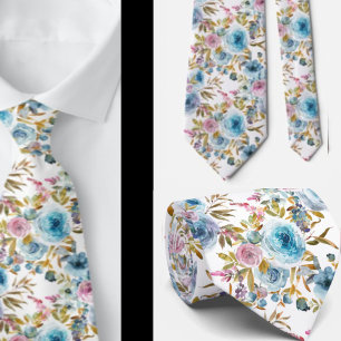 Ice Blue Blush Pink Floral Watercolor Roses Tie