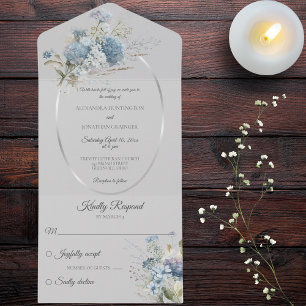 Ice Blue Bohemian Flowers on Pale Grey  All In One Invitation