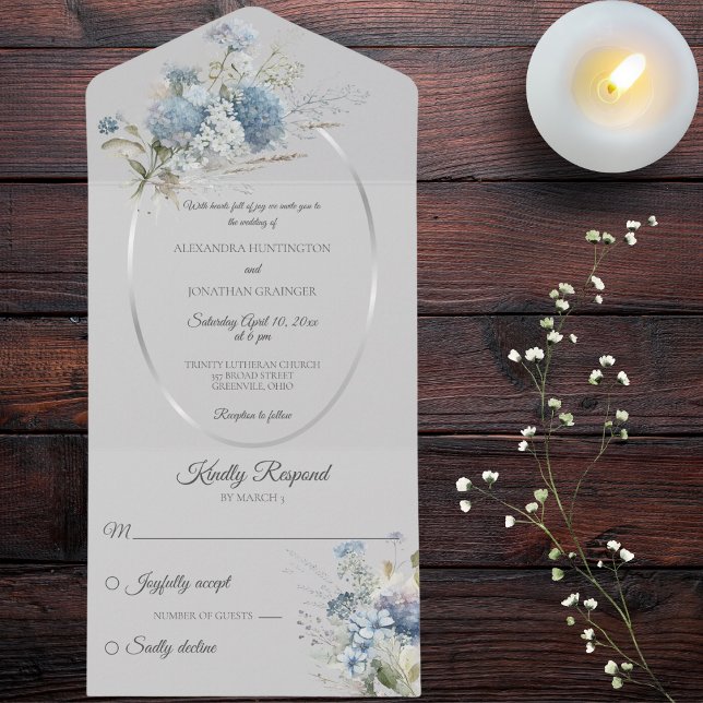 Ice Blue Bohemian Flowers on Pale Grey  All In One Invitation (Also available with QR code. )