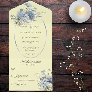 Ice Blue Bohemian Flowers on Pale Yellow All In One Invitation