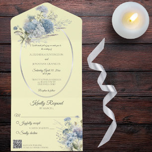 Ice Blue Bohemian Flowers on Pale Yellow QR Code All In One Invitation