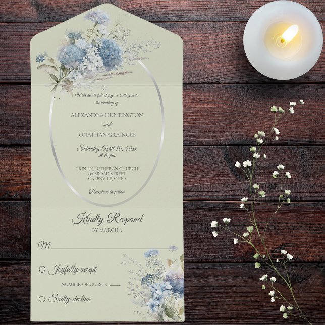 Ice Blue Bohemian Flowers on Sage Green  All In One Invitation (Also available with QR code. )
