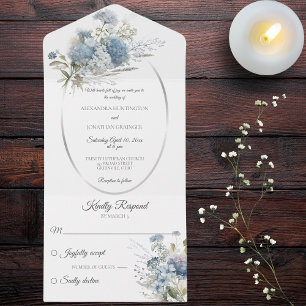 Ice Blue Bohemian Flowers on White All In One Invitation