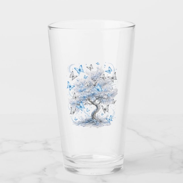 Ice Blue Butterfly Tree Glass Juice Cup (Front)