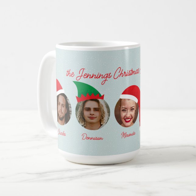 Ice Blue Christmas Crew Santa Elf Hats Five Photos Coffee Mug (Front Left)
