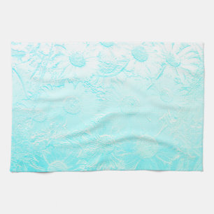 Ice blue daisy flowers embossed look floral tea towel