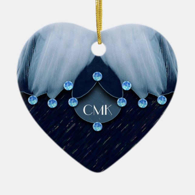 Ice Blue Diamonds and Feathers Ceramic Tree Decoration (Front)