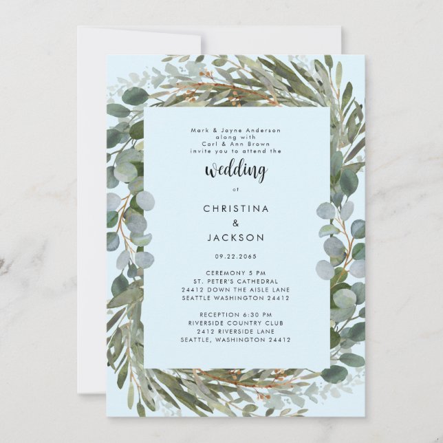Ice Blue Eucalyptus Wedding Two Venue Invitation (Front)