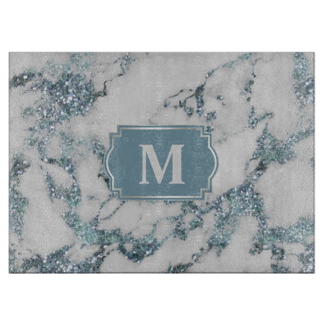 Ice Blue Faux Marble Glitter Monogram Cutting Board (Front)