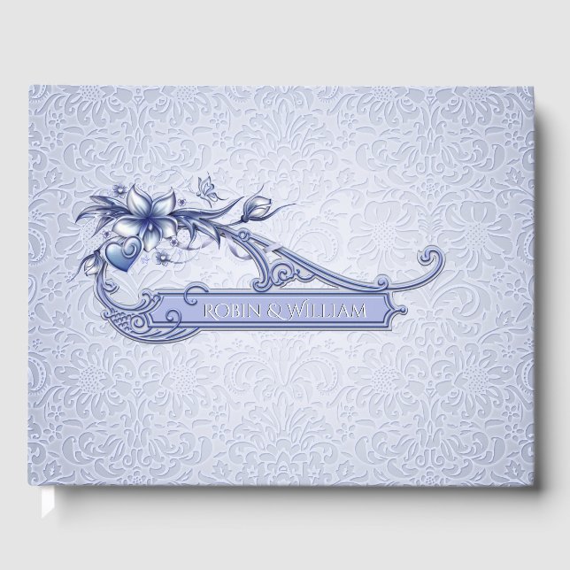 Ice Blue Floral Damask Wedding Guest Book (Front)